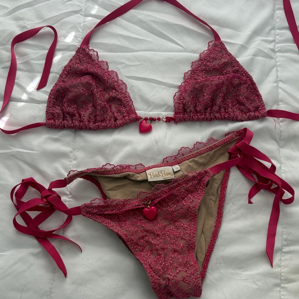 Beach bunny bikini set hot pink lace with heart bead